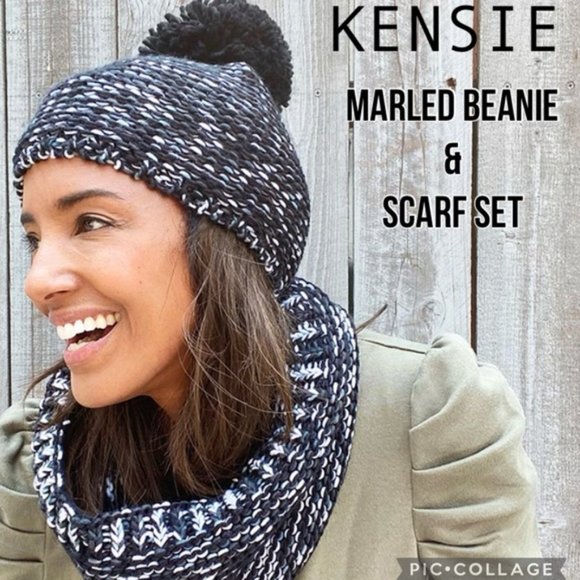 KENSIE Marled Infinity Scarf & Beanie Hat Set Black & Grey New with tags - Picture 4 of 4